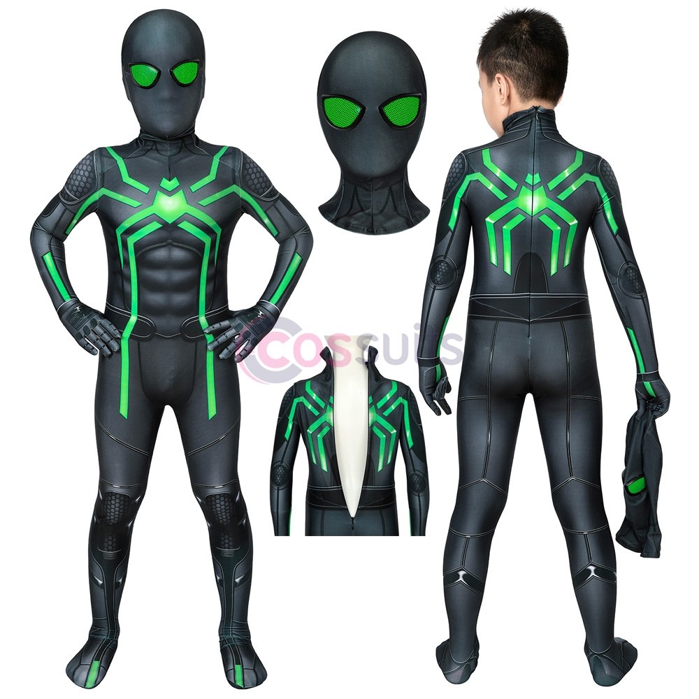 Kids Spider-man Green Costume Spiderman PS4 Stealth Big Time Cosplay Suit - CosSuits