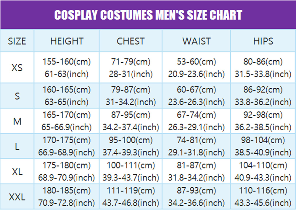 cosplay costumes men size chart