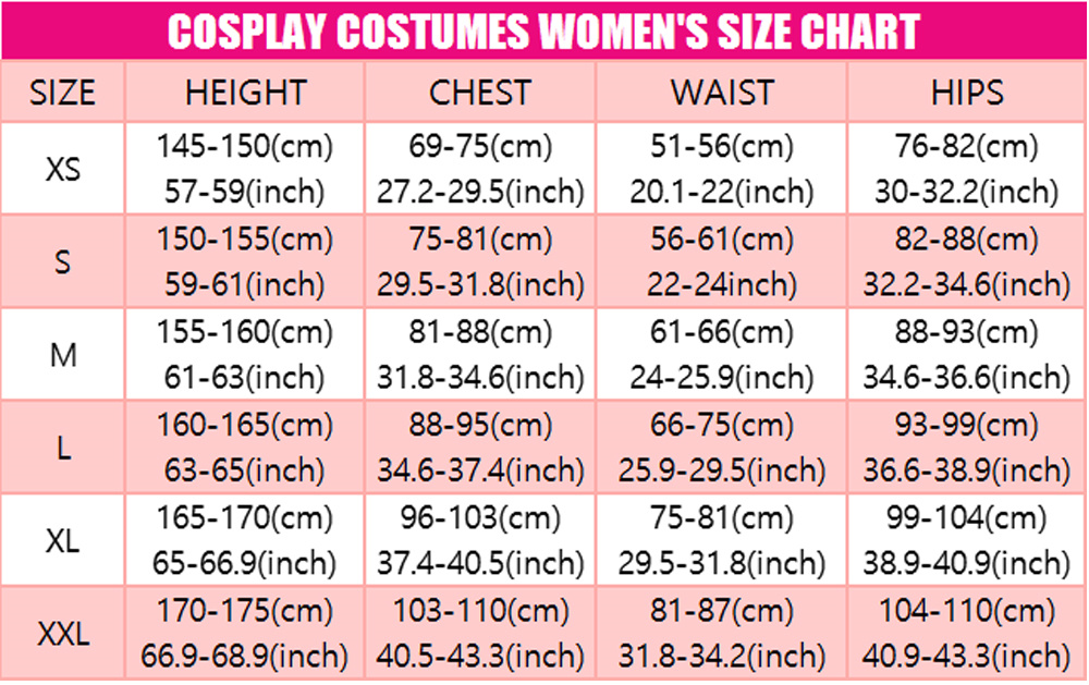 cosplay costumes women size chart