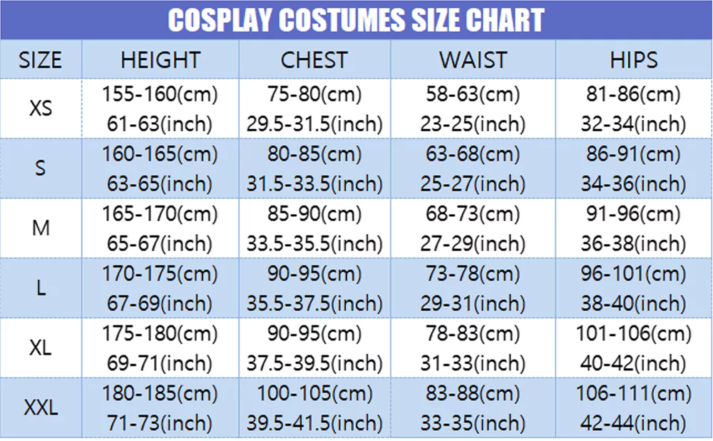 cosplay costumes size chart
