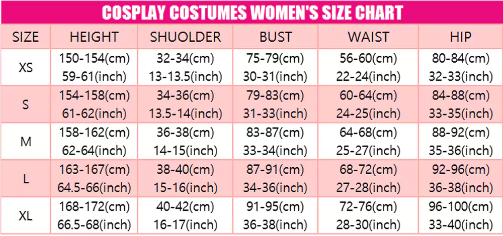 cosplay costumes women size chart