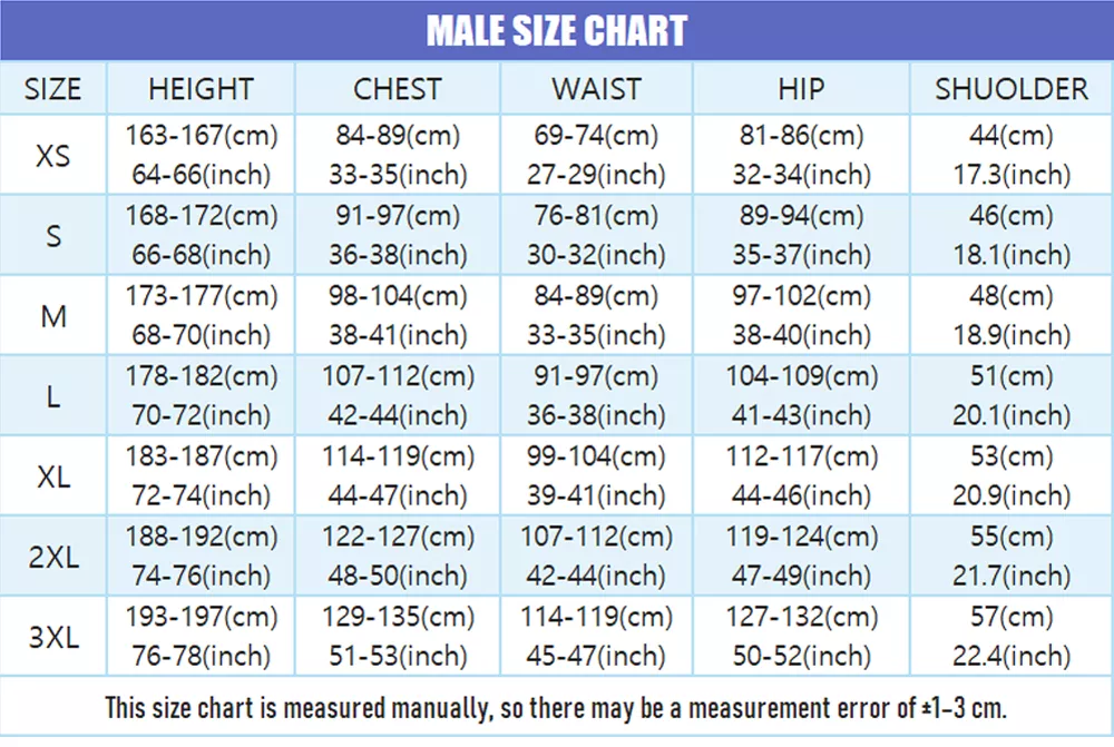 cosplay costumes men size chart