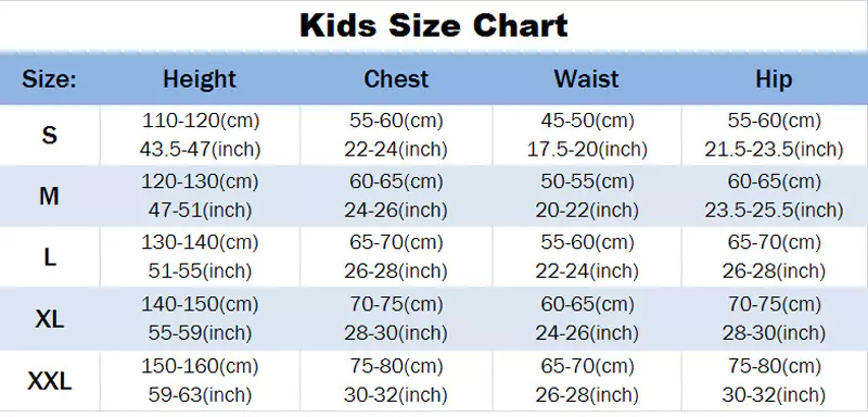 kids costumes size chart